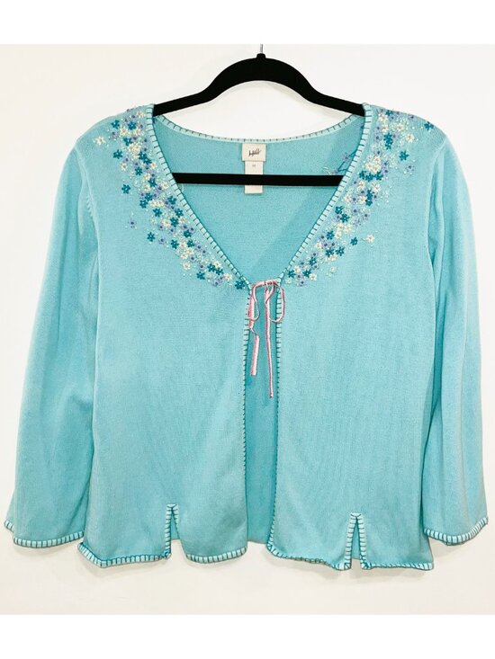 Vintage Sweaters - EUC Vintage 100% Cotton Embroidered Cardigan J Jill Robin Blue Medium
